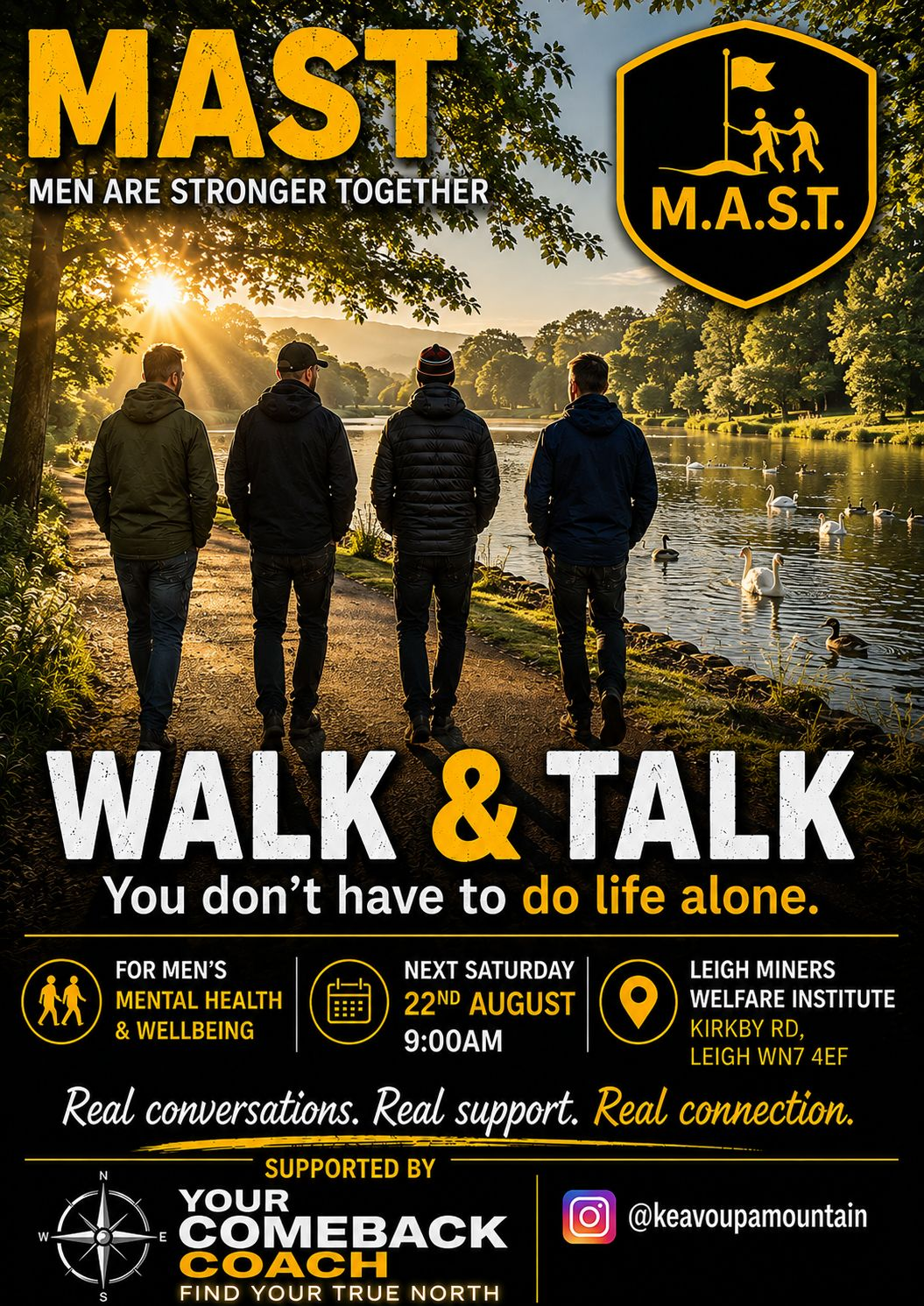 Walk and Talk. Poster advertising a Men's mental health and wellbeing walk on Saturday 22nd August 2026, Leigh Miners Welfare Institute at 9am.